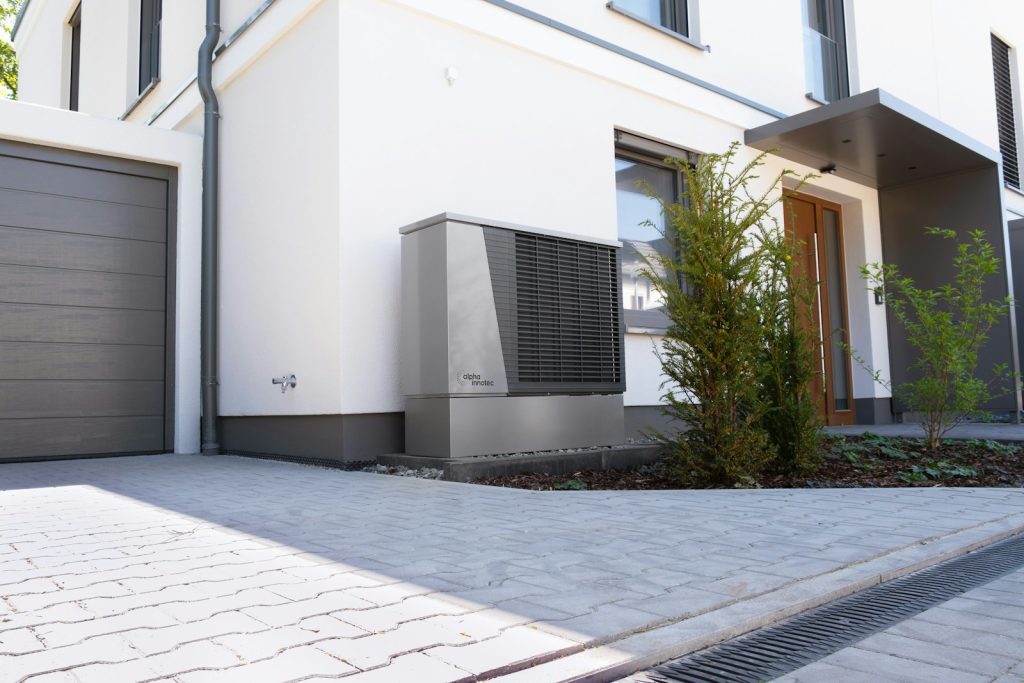 Modern home with an outdoor heat pump unit