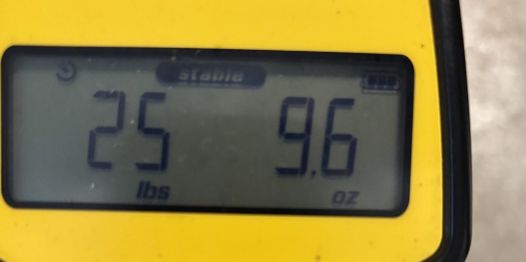 Refrigerant scale display reading 25 pounds 9.6 ounces